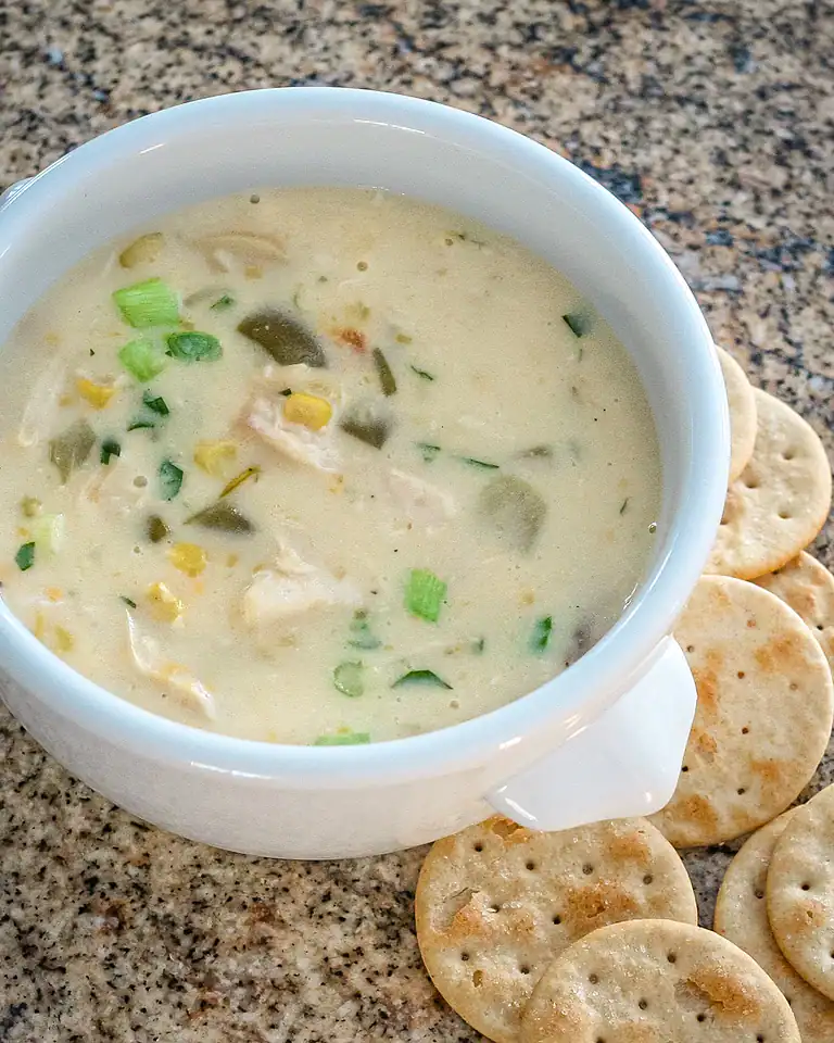 Creamy chicken soup with vegetables and green onions.
