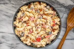 A large bowl of ranch pasta salad.