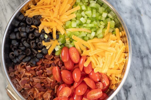 Vegetables combined for ranch pasta salad.