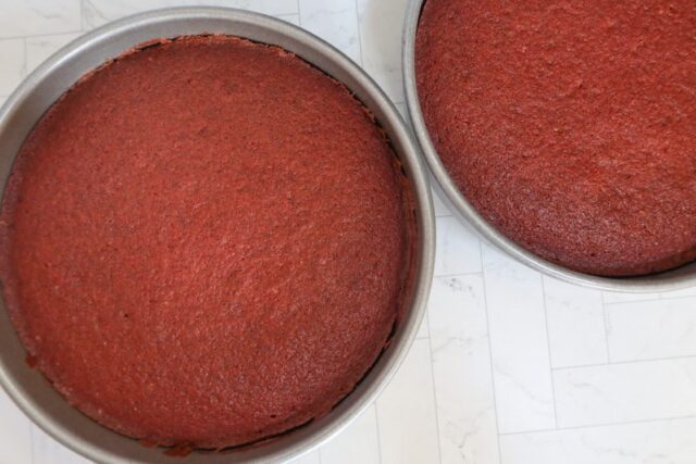 red velvet cake prep, baked layers