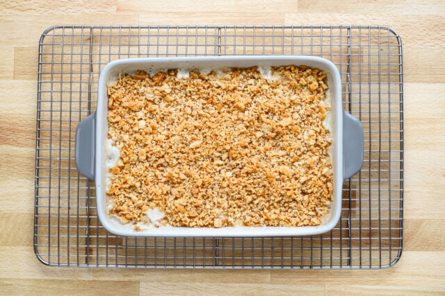 Baked Ritz chicken casserole on a cooling rack.