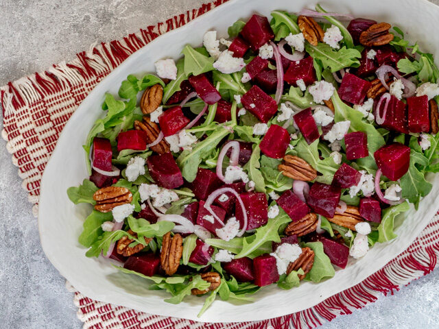 Serving dish with roasted beet salad.