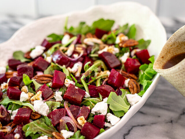 Serving dish with roasted beet salad.