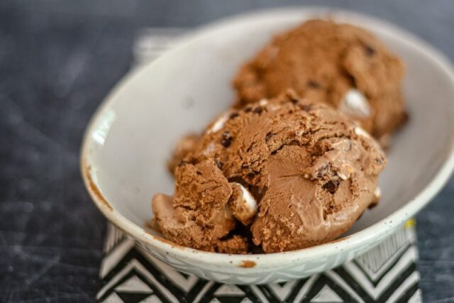 Dessert dish with 2 scoops of homemade rocky road ice cream