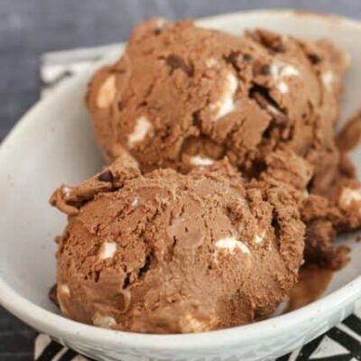 scoops of rocky road ice cream in a dessert dish