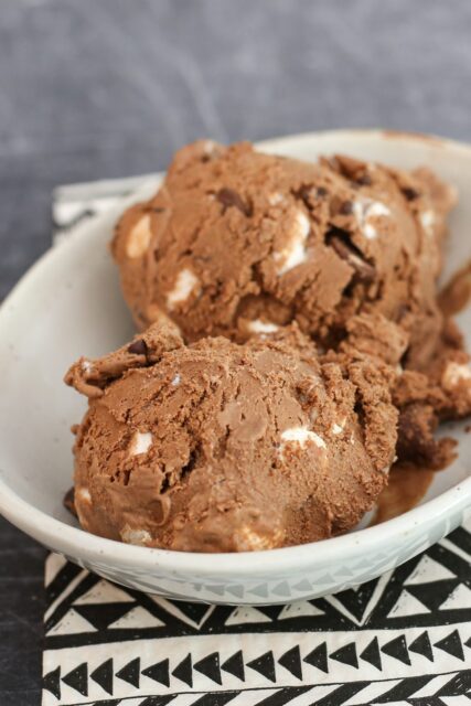 scoops of rocky road ice cream in a dessert dish