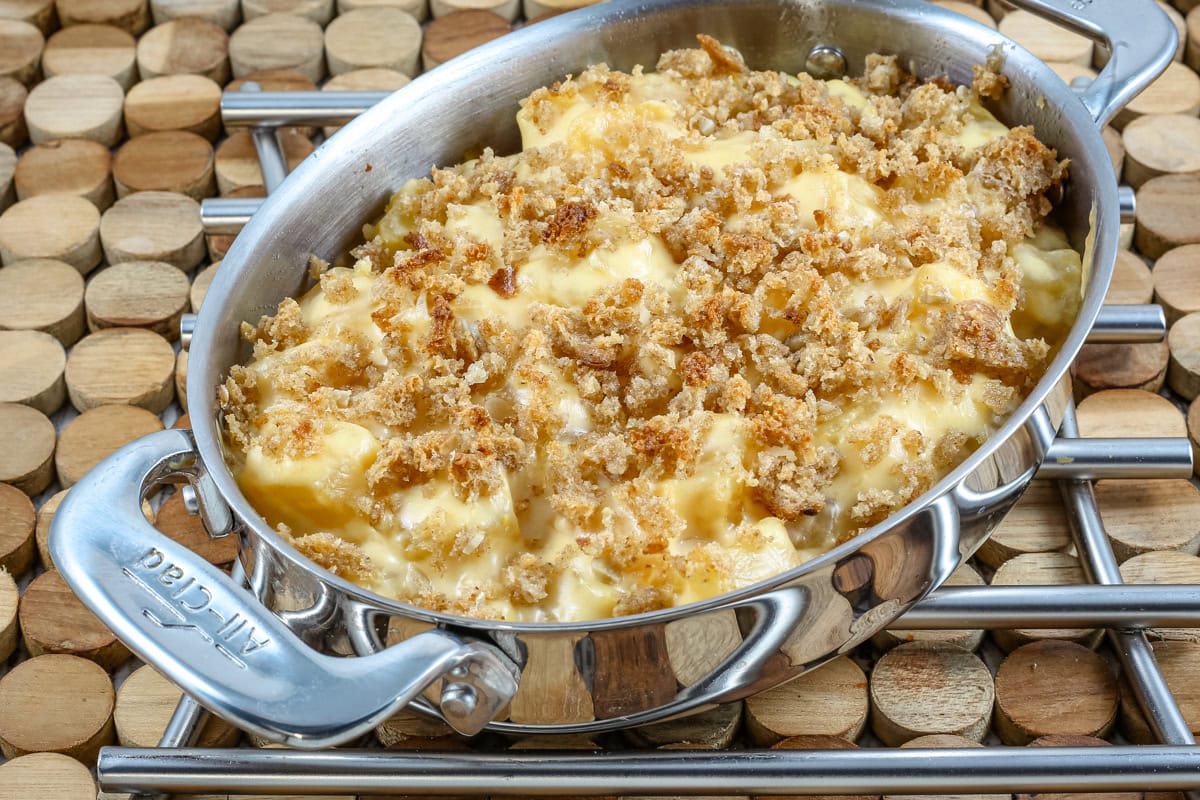 A casserole dish with rutabaga gratin topped with breadcrumbs.