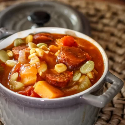 Succulent stew with chunks of sausage, vegetables, and corn in a ceramic bowl.