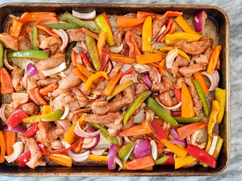 chicken fajitas read to cook in the sheet pan