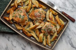 Sheet pan chicken thighs and potatoes on a serving tray
