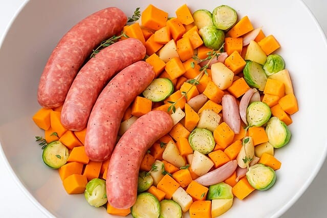 Sausage and vegetable preparation for sheet pan meal.
