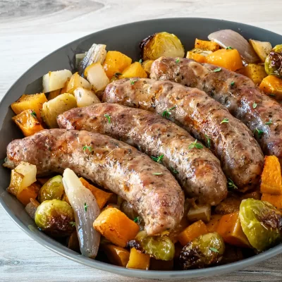 Sauteed chicken sausages with roasted vegetables, squash, sweet potatoes, zucchini, and Brussels sprouts.