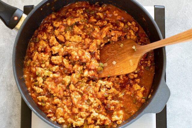 sloppy joe sandwich mixture in a skillet.