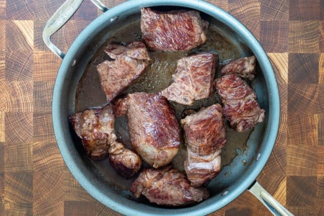 Barbacoa prep in the skillet.