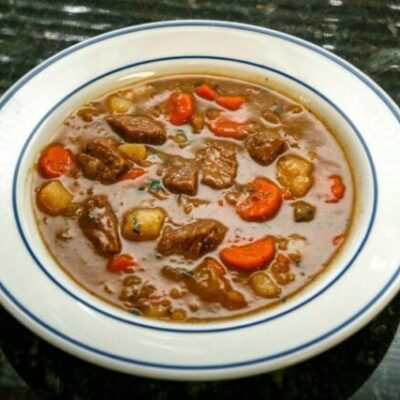 slow cooker beef stew in a wide bowl
