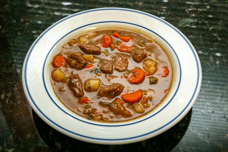 slow cooker beef stew in a wide bowl