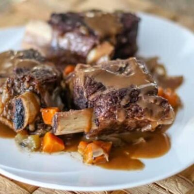 Serving platter with slow cooker braised short ribs