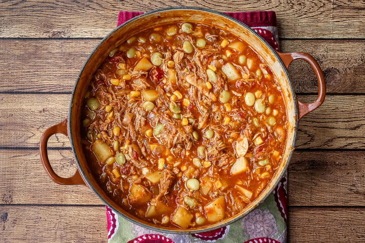 A Dutch oven with rich and delicious Brunswick stew.