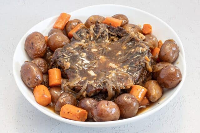 Slow cooker pot roast with gravy.