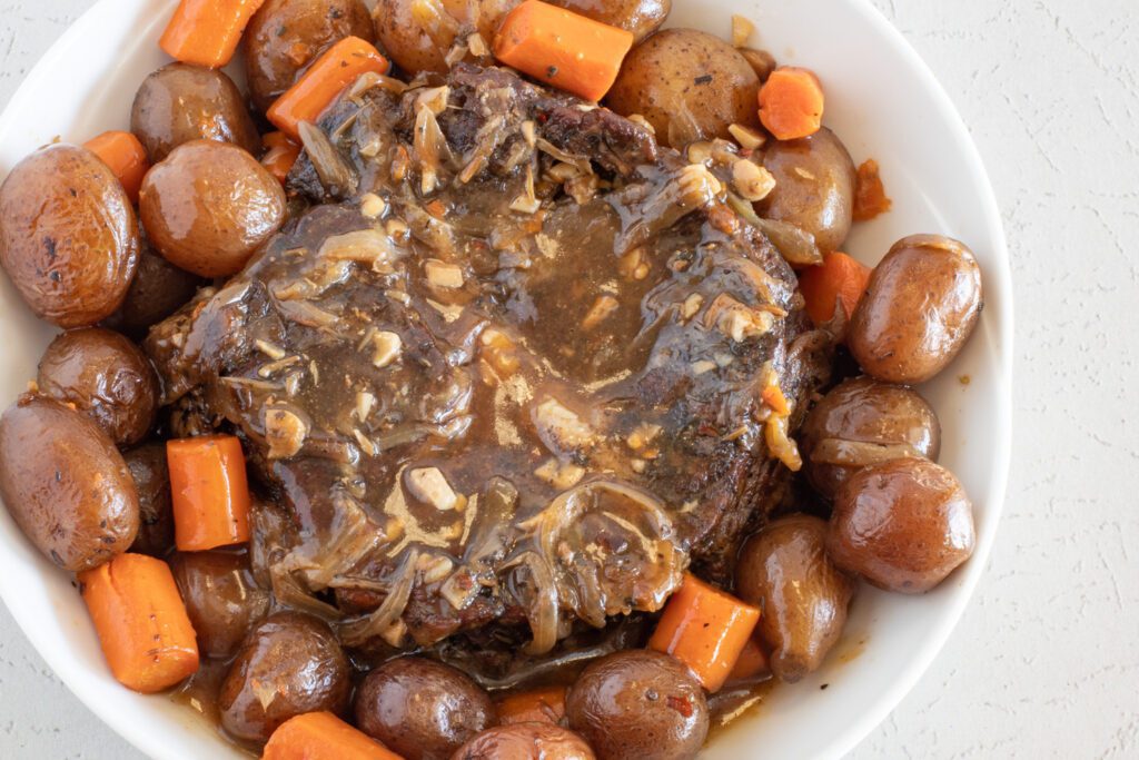 closeup of the pot roast with vegetables