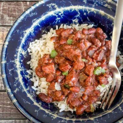 slow cooker red beans and rice in a serving bowl