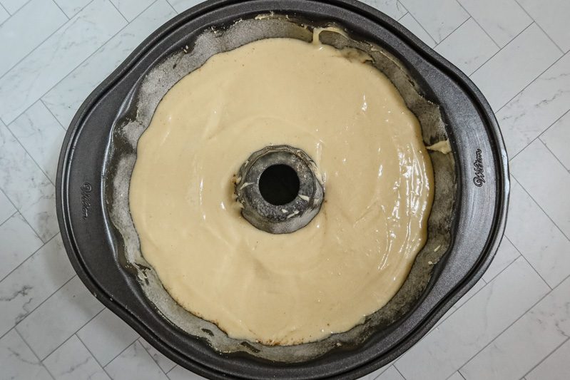 cake batter in the fluted pan