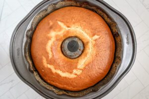 Sock it to me cake prep: Baked, in the pan.