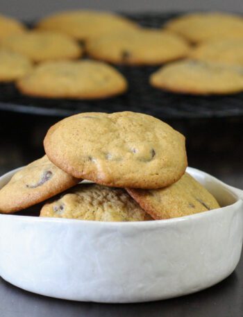 soft chocolate chip cookies in a bowl