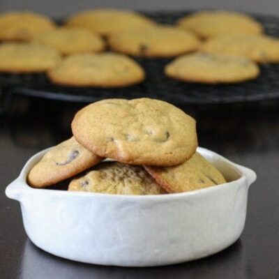 soft chocolate chip cookies in a bowl