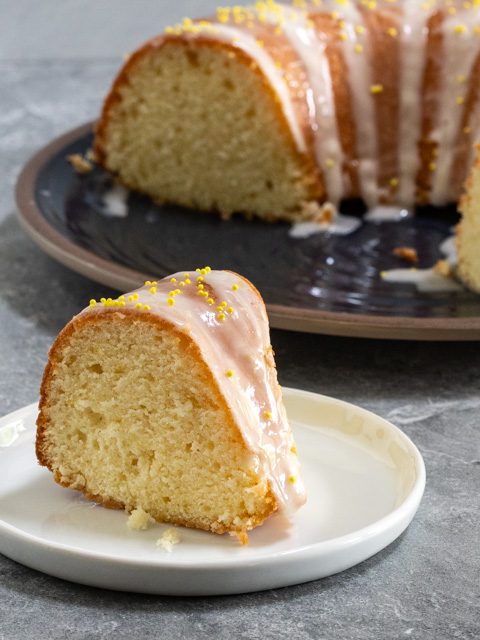 sour cream lemon cake on a plate