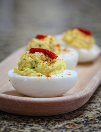 southern deviled eggs on a serving tray