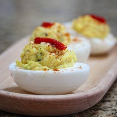 southern deviled eggs on a serving tray