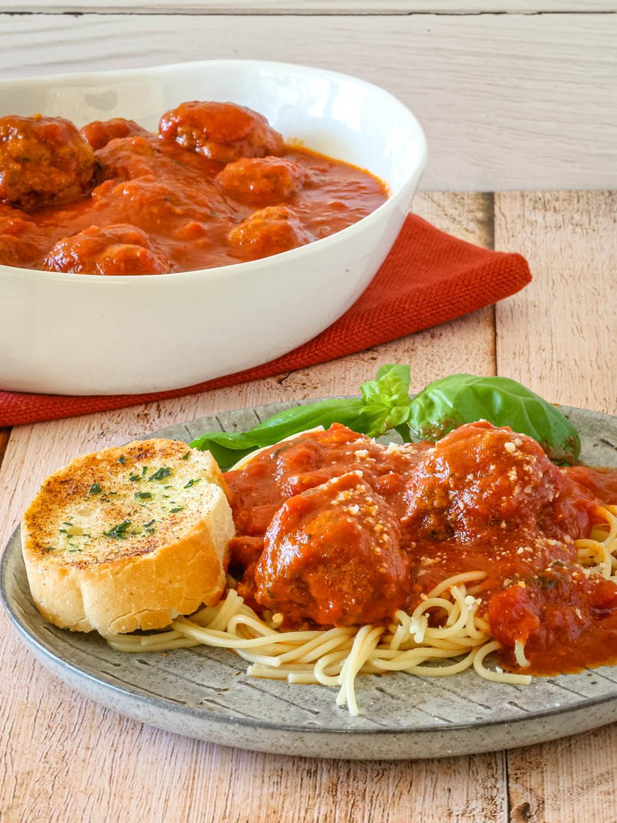 spaghetti and meatball meal on a plate