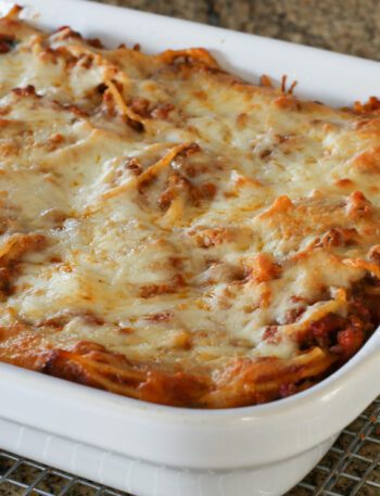 baked spaghetti casserole on a cooling rack