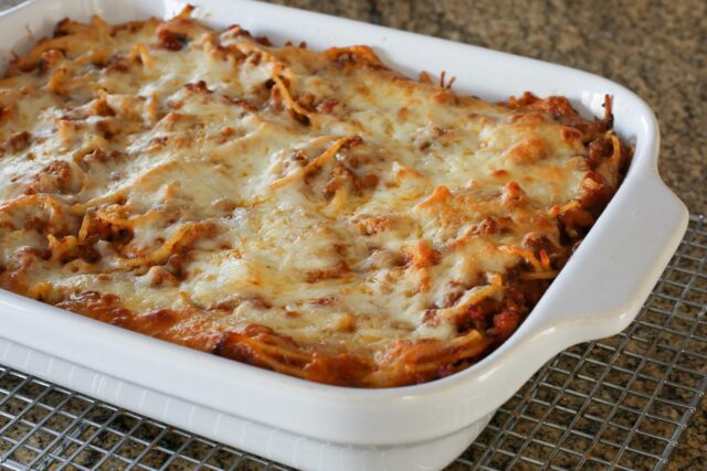 baked spaghetti casserole on a cooling rack