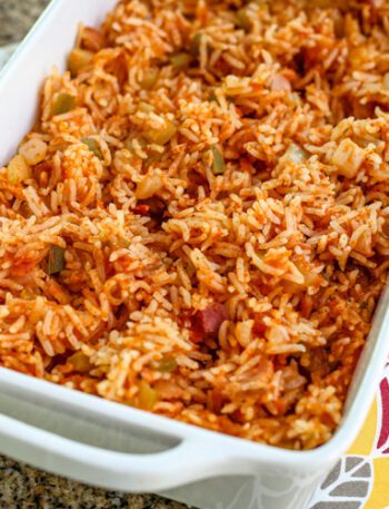 A serving dish with Spanish rice.