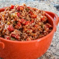 spanish rice in a serving bowl
