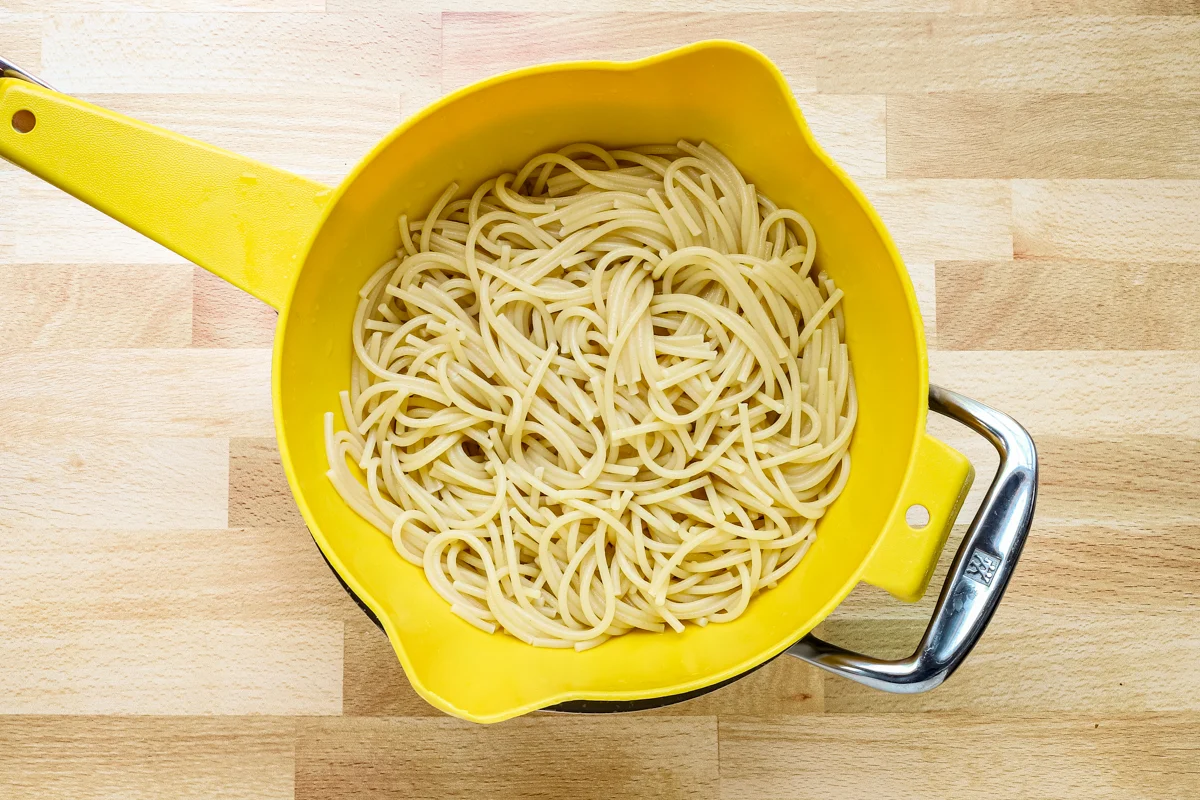 Spaghetti cooked and drained for chicken tetrazzini recipe.