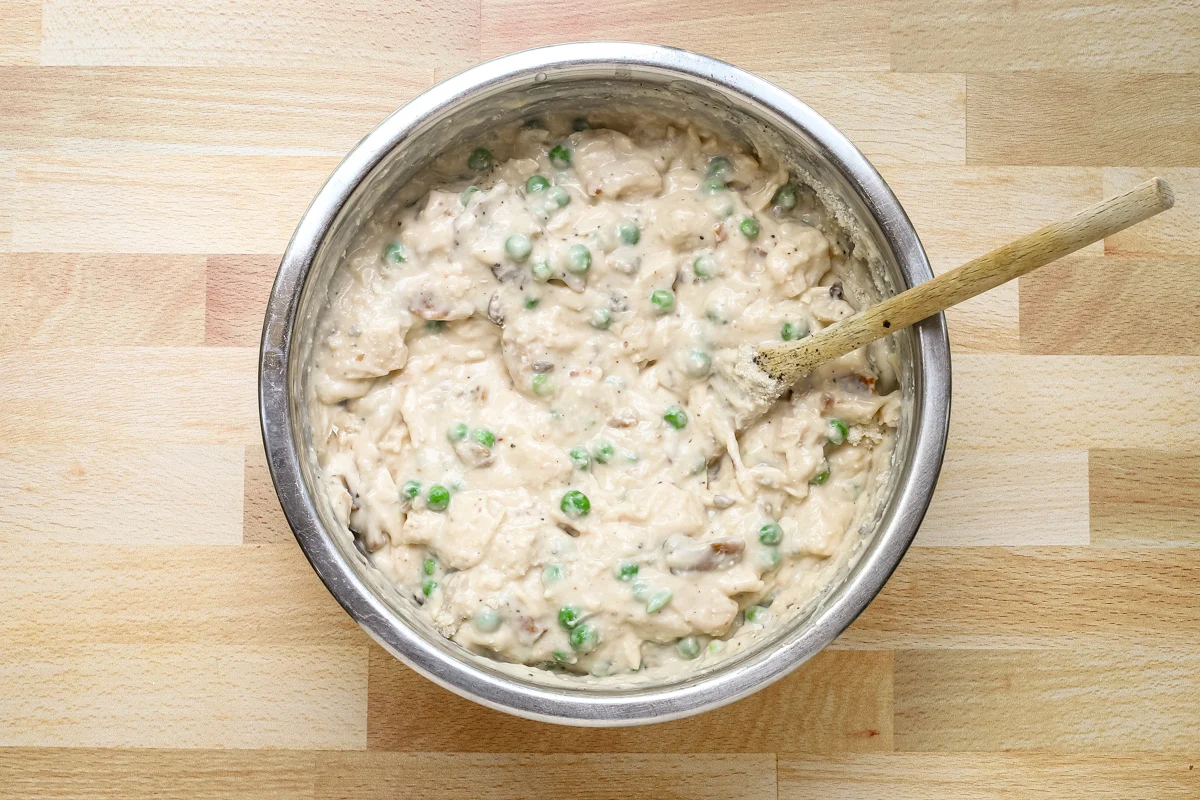 The sauce is combined for our speedy chicken tetrazzini.
