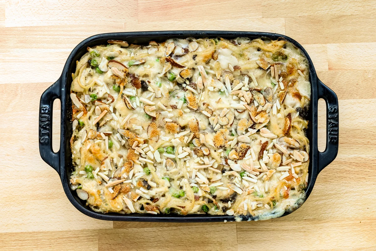 A baking dish with speedy chicken tetrazzini, ready to bake.