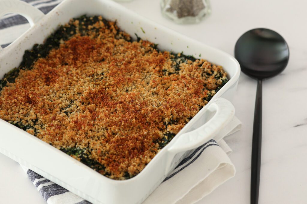spinach casserole with parmesan and breadcrumb topping