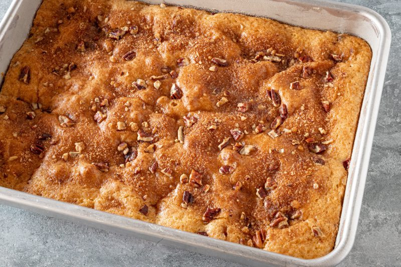 baked strawberry crumb cake in the pan