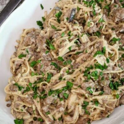 ground beef stroganoff with noodles in a serving dish