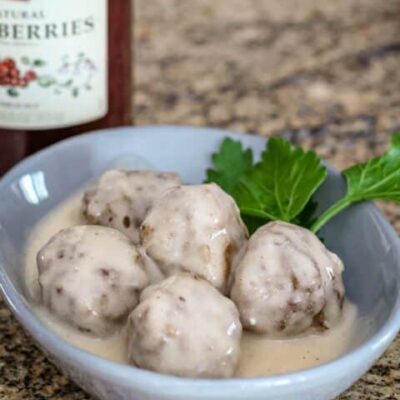 A small bowl with swedish meatballs