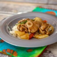 Sweet and sour pork tenderloin medallions over rice.