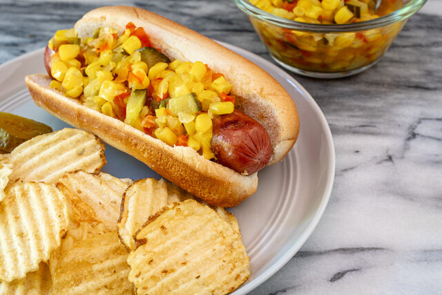 Hot dog with homemade corn relish.