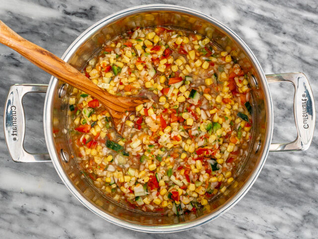 Simmering corn relish mixture.