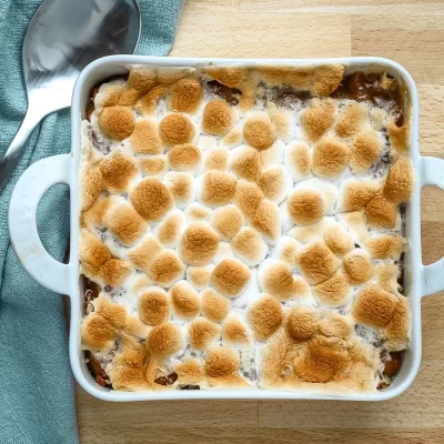 Golden toasted marshmallows on top of a baked dessert.