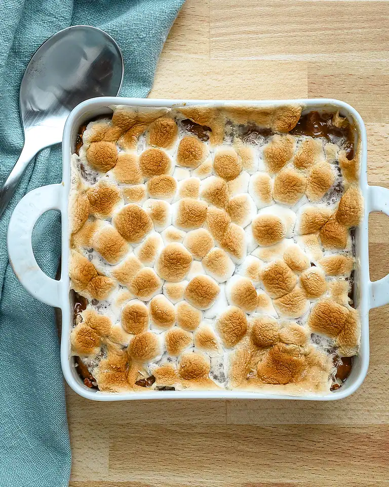 Golden toasted marshmallows on top of a baked dessert.