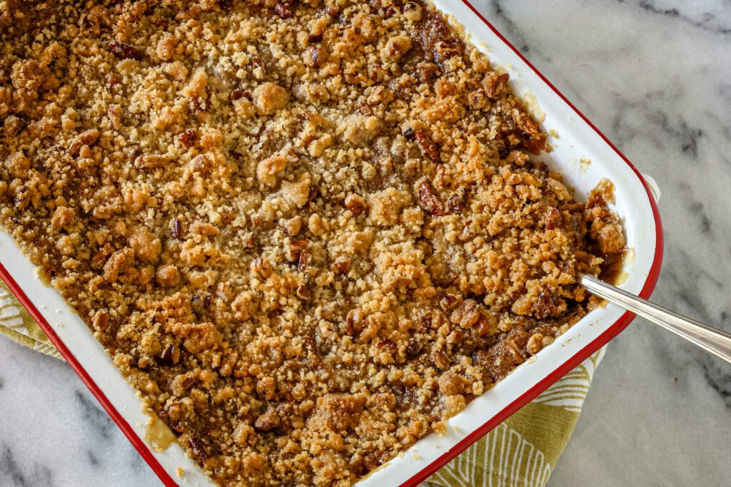 sweet potato casserole in a baking dish